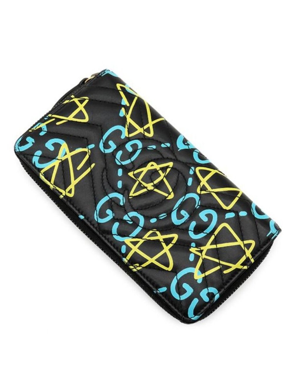 Gucci Wallet Ghost Zip Around Leather Black Yellow Blue Vintage GG Star Doodle - Picture 2 of 12